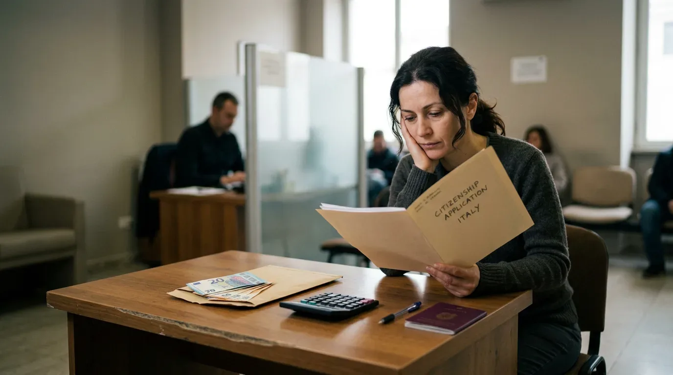 Russian citizenship application fee information at a consular desk